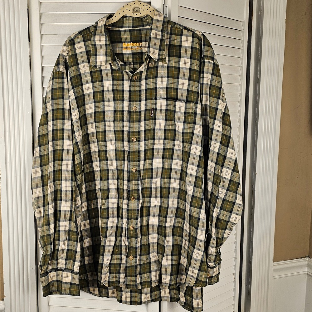 Barbour Mens Green Plaid Tartan Long Sleeve Button Down Shirt XL